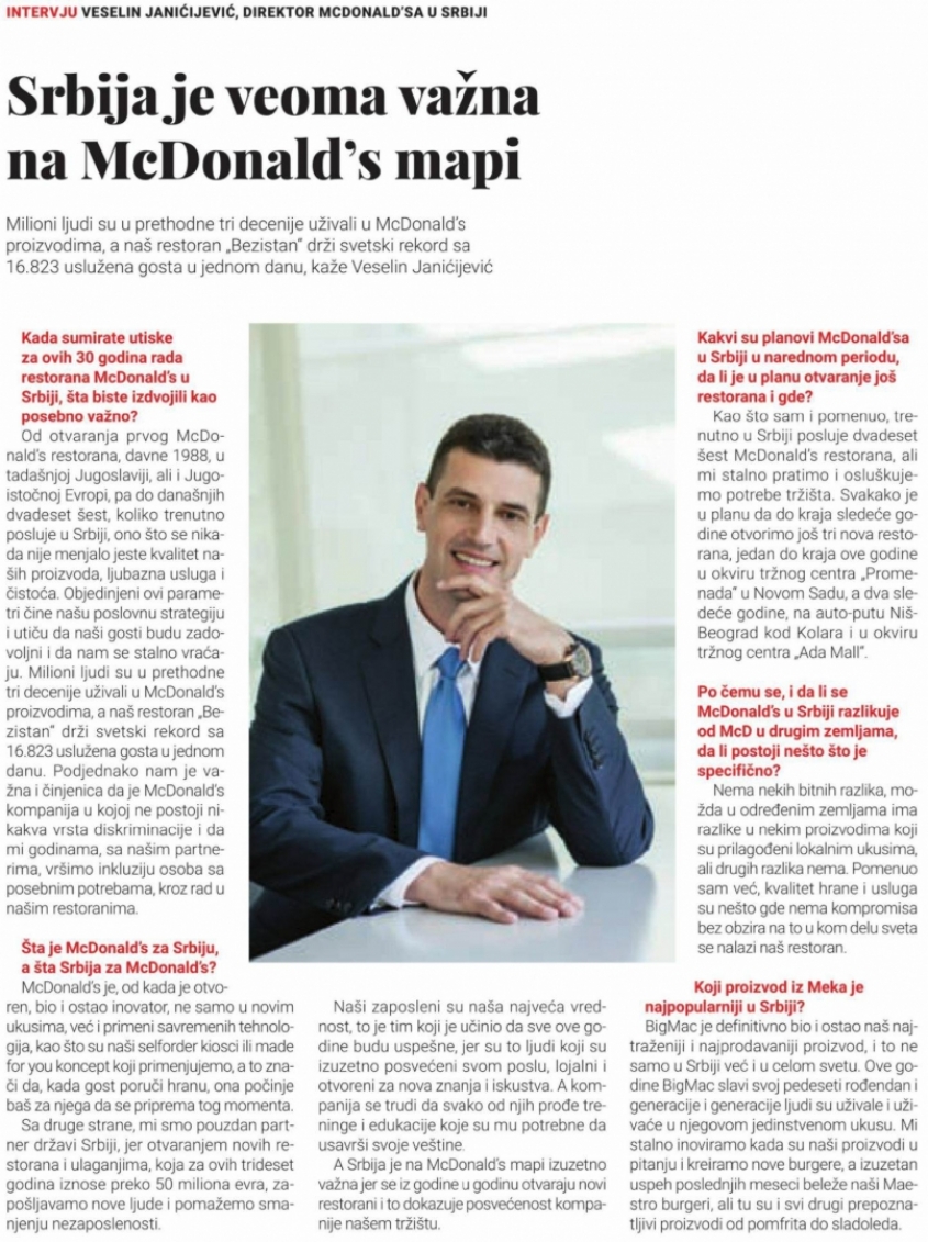 Srbija je veoma važna na McDonald`s mapi