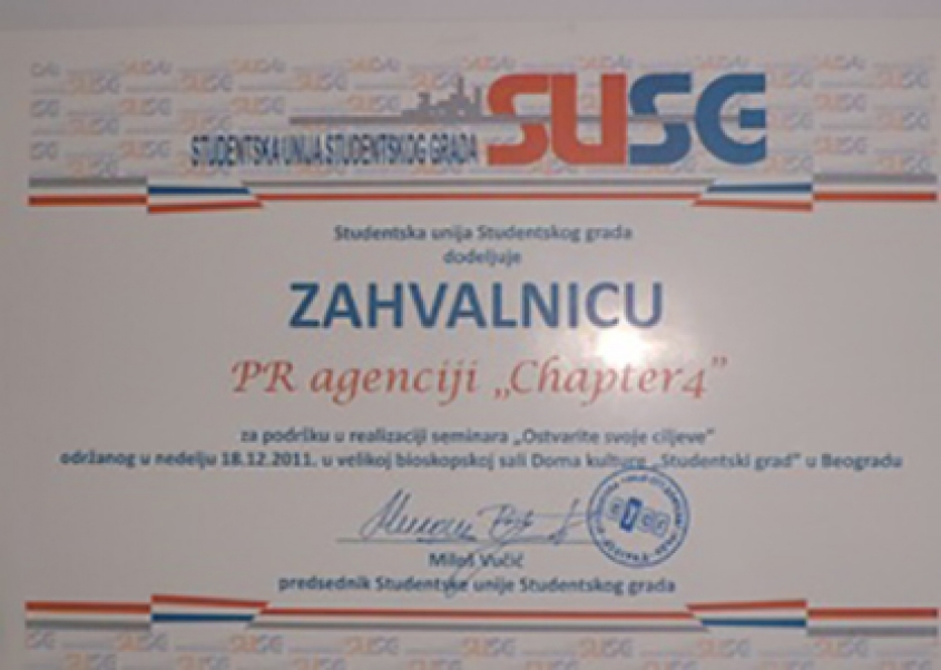 Agencija Chapter 4 dobila zahvalnicu