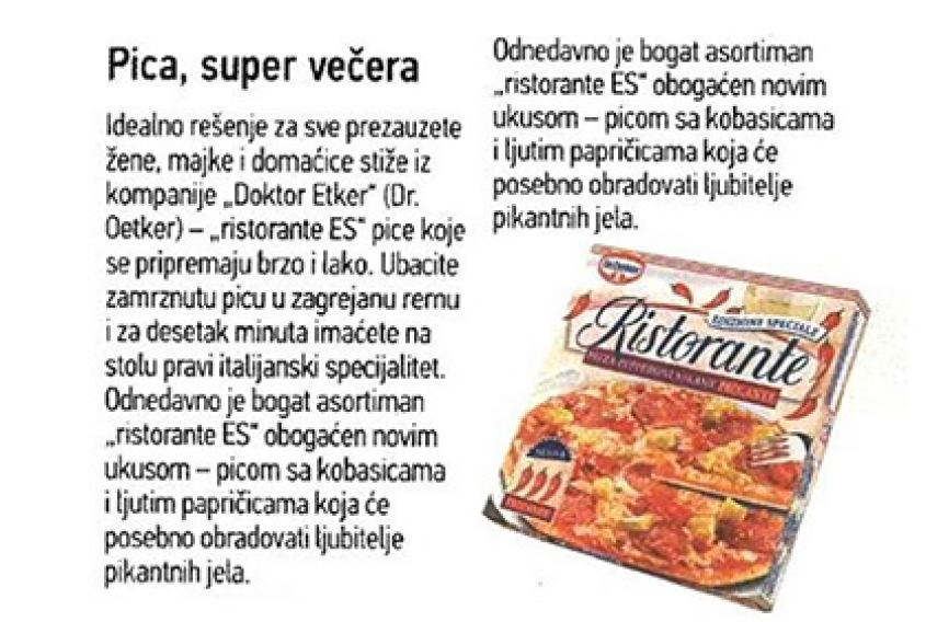 Ristorante ES Piccante pizza u Blic žena magazinu